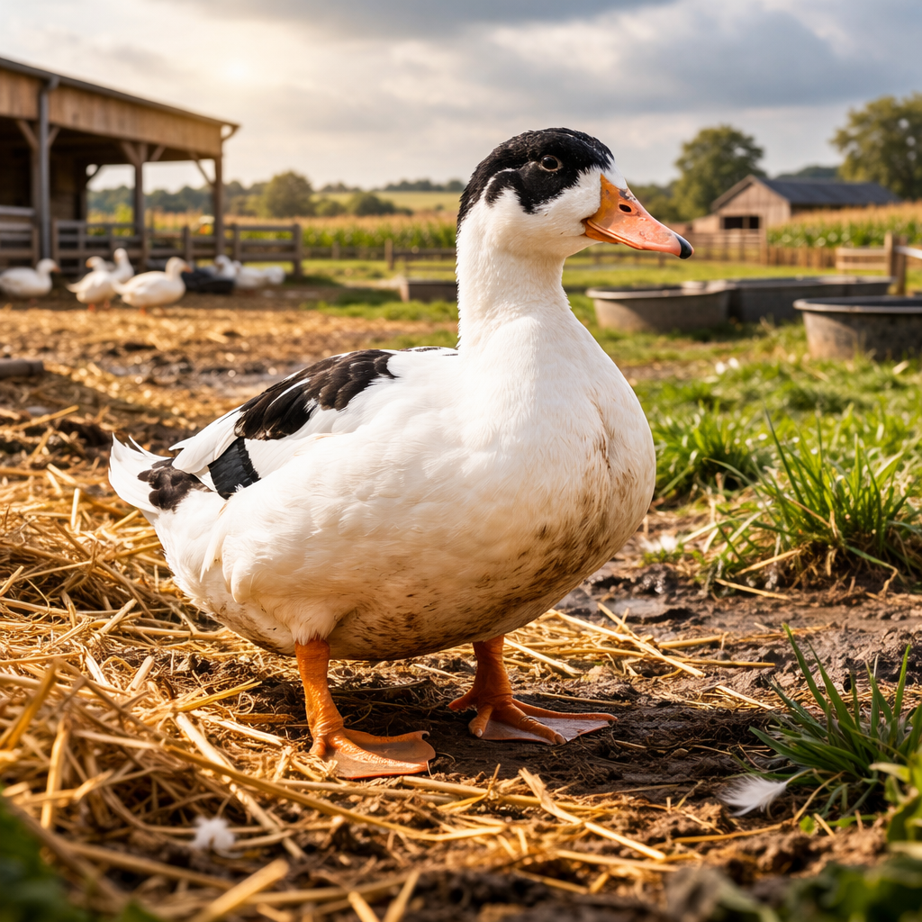 Portrait rapproché d'un canard mulard devant la grange
